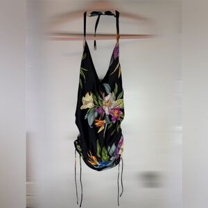 Kona Sol Halter Tie V Neck Side Cinch Tankini Swim Bathing Top Black Floral